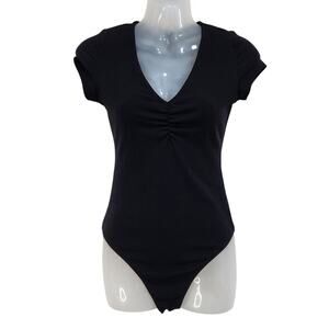 American Eagle Cinched Front Bodysuit Short Sleeve Thong Back Black Size Medium